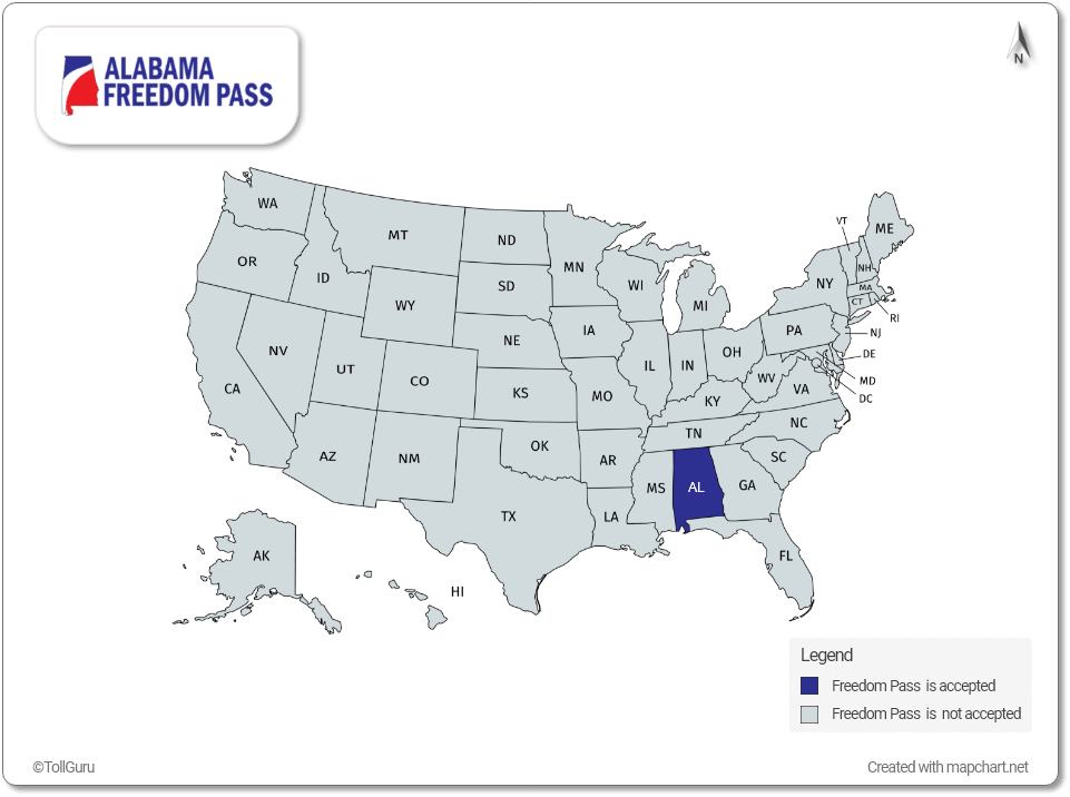 Freedom Pass is accepted in Alabama as prepaid system and can be used as mobile app for Apple or Android phones