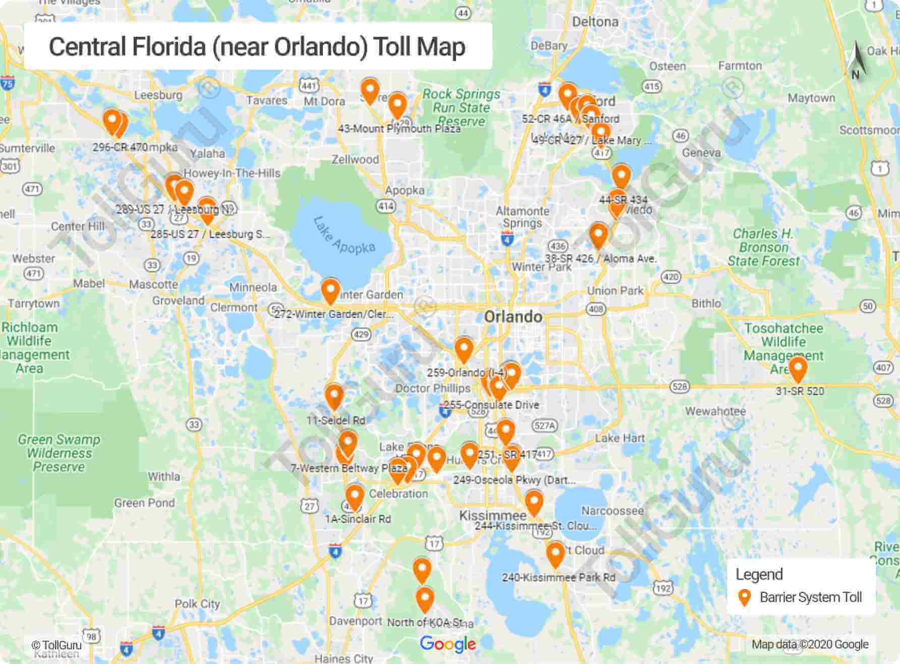 Map of Central Florida toll booth locations near Orlando including the roads of Florida Turnpike