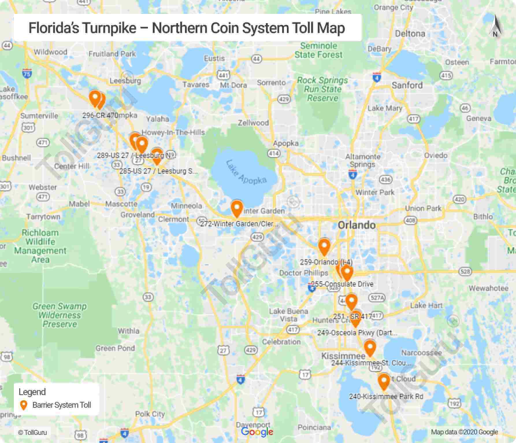 Map of toll booths on Florida Turnpike-Northern Coin System including I-4, I-75 and I-95
