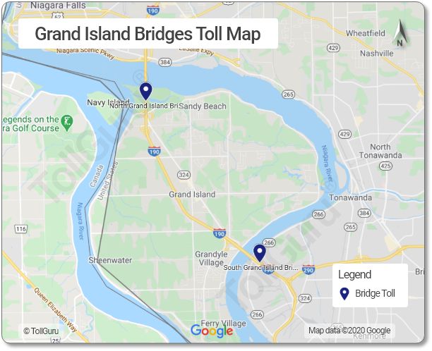Toll booth locations of North Grand Island and Grand Island across Niagara River between Grand Island and Niagara Falls