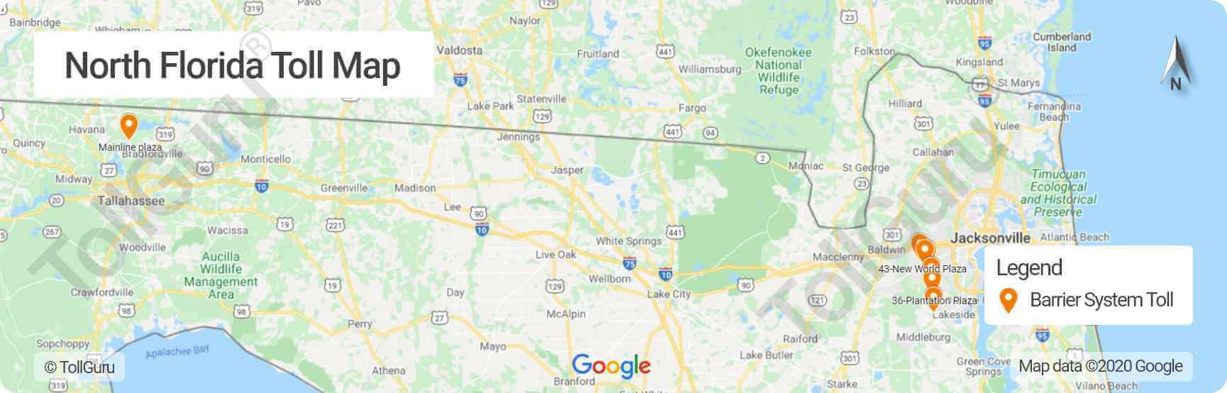 Toll booth locations on North Florida toll roads including Florida 23 and Orchard Pond Parkway