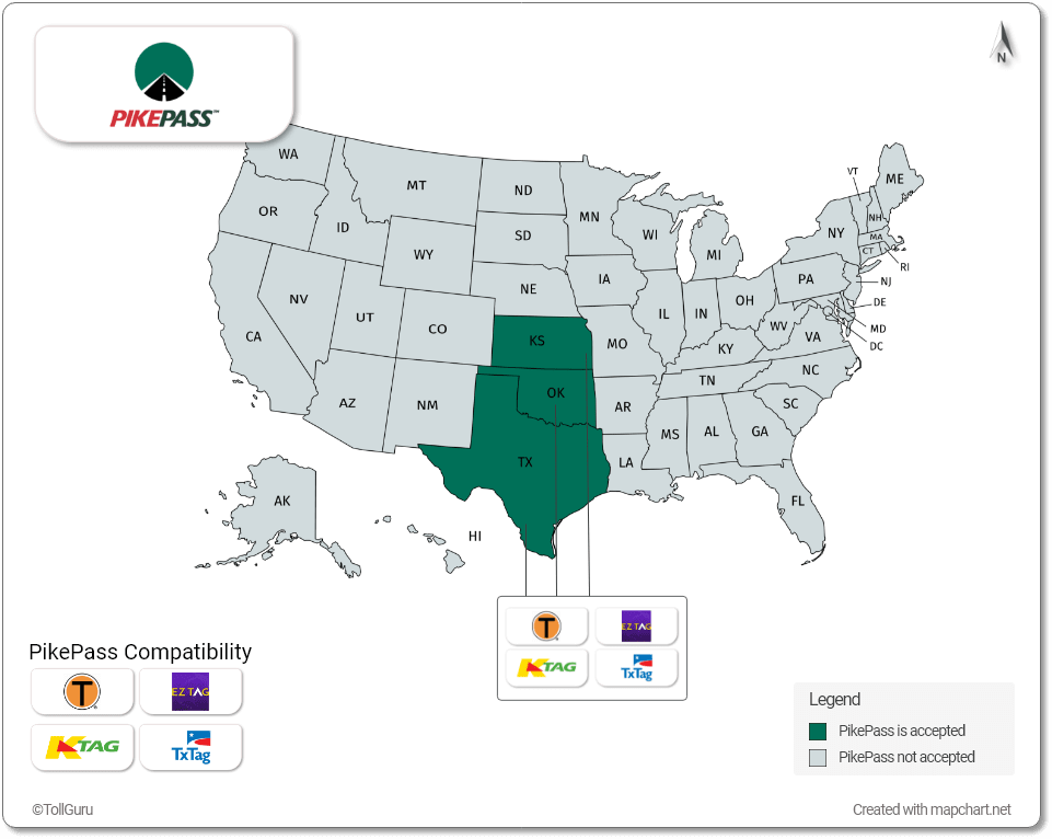 PikePass is accepted in Kansas, Texas, and Oklahoma along with TxTag, Toll Tag, K Tag, and EZ Tag