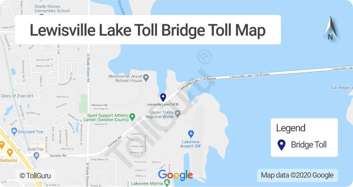 Toll booth locations on Lewisville Lake Toll Bridge (LLTB) connecting Interstate 35E at Swisher Road to Dallas North Tollway