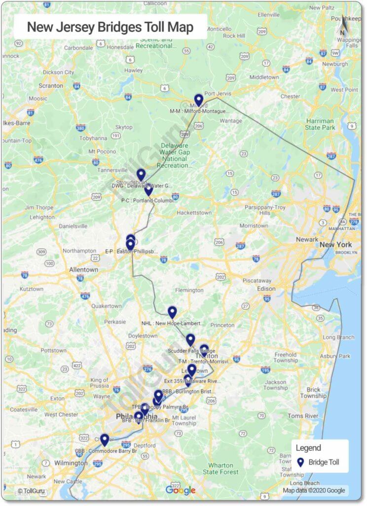 Toll booth locations on New Jersey toll bridges including Ben Franklin Bridge, Walt Whitman Bridge, Betsy Ross bridge