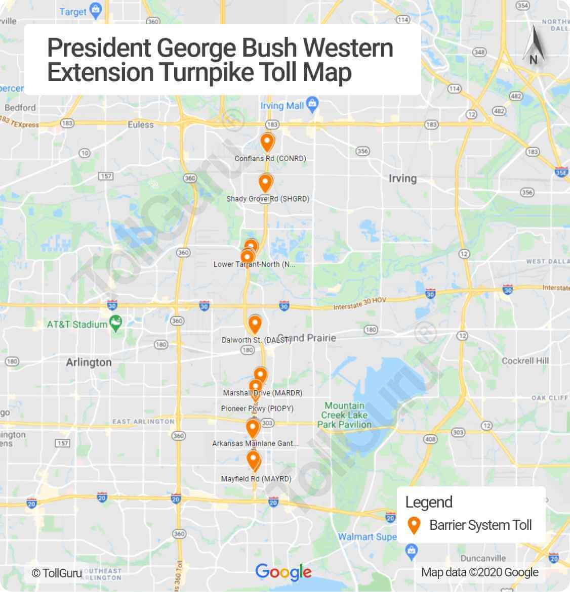 Toll booth locations on Western Extension of PGBT or Texas 161 between SH 183, I 30 and I 20 through Irving and Grand Prairie