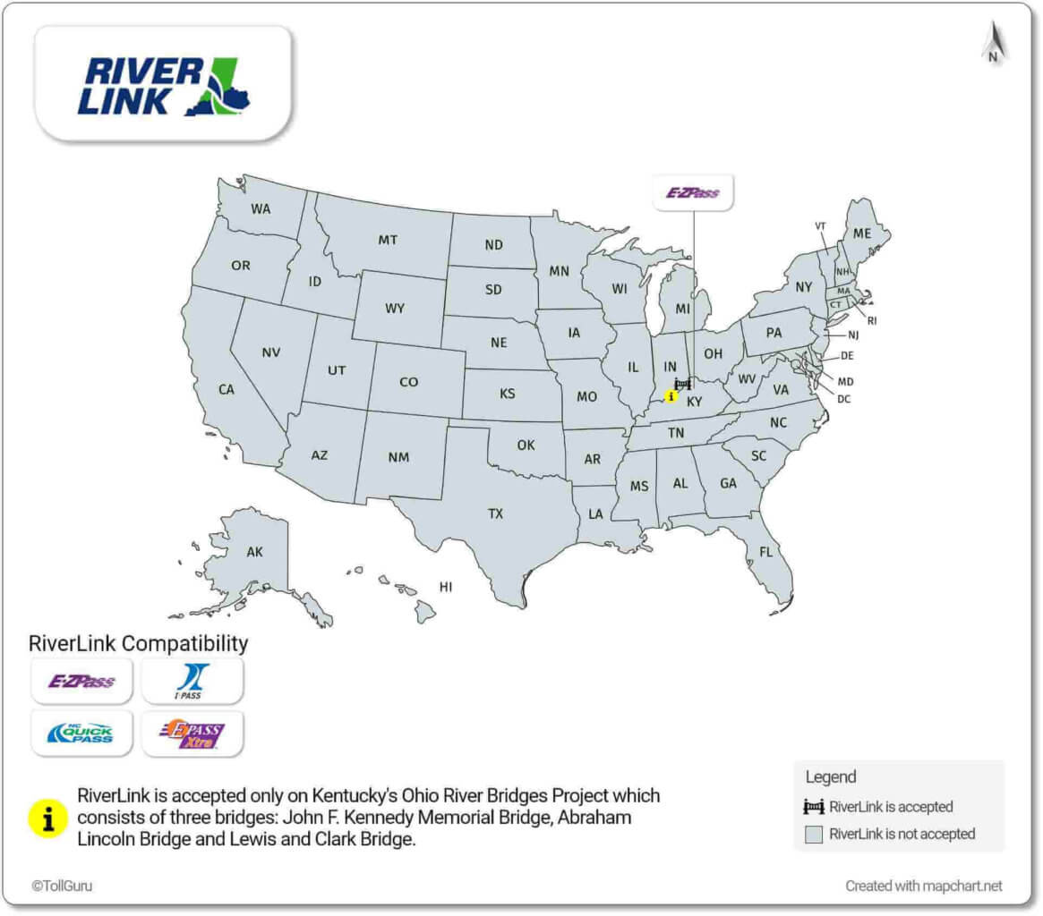 RiverLink toll tag accepted in Kentucky to pay tolls on Ohio River Bridges with  E-ZPass, I-Pass, NCQuickPass, E-Pass Xtra