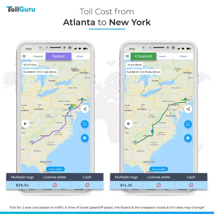 Tolls and fuel cost to travel by car from Atlanta to New York along typical fast route and cheap route.